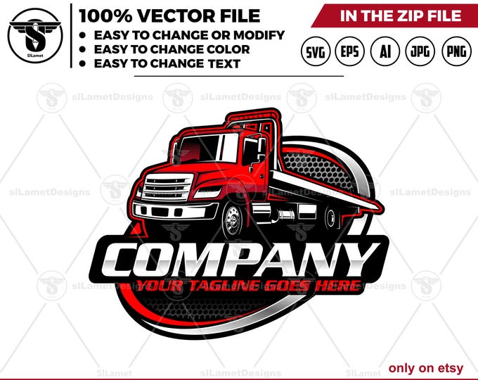 flat bed tow truck logo - flat bed towing - towing truck logo - Vehicle Recovery Logo - Towing Service logo  - Roadside Assistance logo