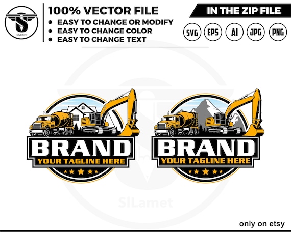 Excavator and Mixer Truck logo - Cement Mixer Truck logo - Concrete Mixer Truck - truck cemente mixer - excavator logo, mountains, houses