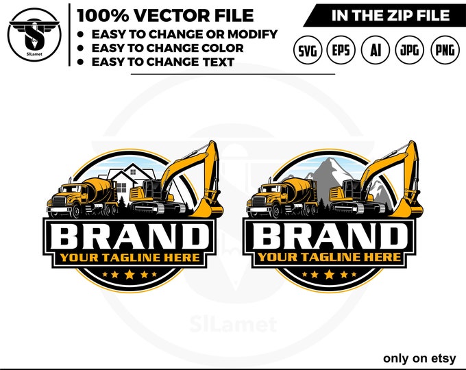 Excavator and Mixer Truck logo - Cement Mixer Truck logo - Concrete Mixer Truck - truck cemente mixer - excavator logo, mountains, houses