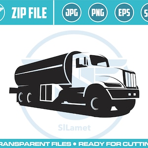 May include: Black silhouette of a tanker truck with a large fuel tank. The truck is facing the right side of the image. The truck is on a white background.