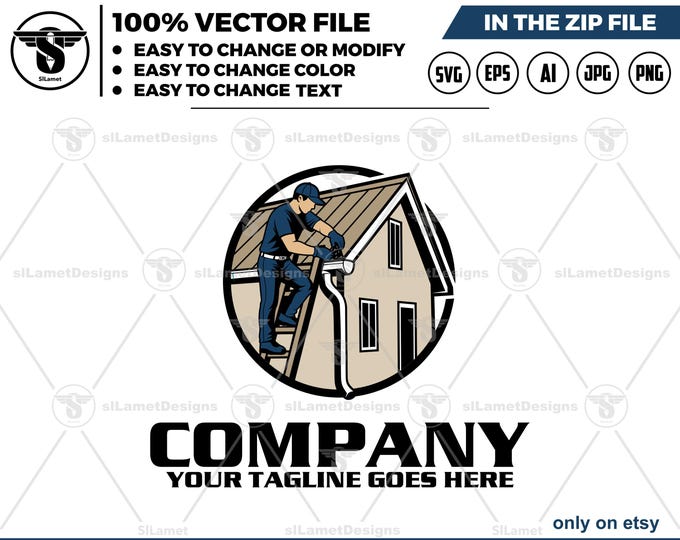 Gutter Cleaning Logo - Roof Gutter Service Icon - House Exterior Maintenance Logo - Home Drainage Badge