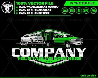 May include: A green truck towing a white car with a cityscape graphic behind it. The text "COMPANY" and "YOUR TAGLINE GOES HERE" is below the vehicles. The image is on a black background.