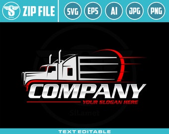May include: A white semi-truck with a red stripe and a gray trailer is speeding forward. The text "COMPANY" is in silver with a red outline. The text "YOUR SLOGAN HERE" is in black below the company name.