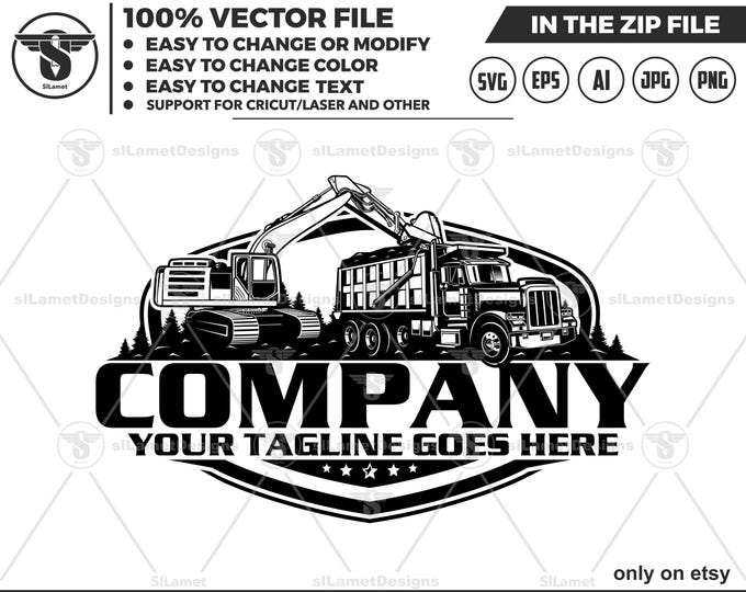 excavator loading dump truck logo - dump truck and excavator logo - digging logo - earth digging logo - dump truck svg - excavator svg