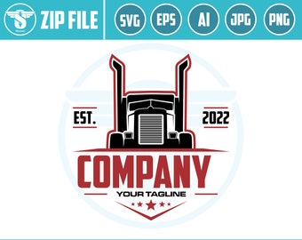 May include: A red and black logo design featuring a semi-truck with the text "COMPANY" and "YOUR TAGLINE" below. The logo also includes the text "EST. 2022" and four stars.