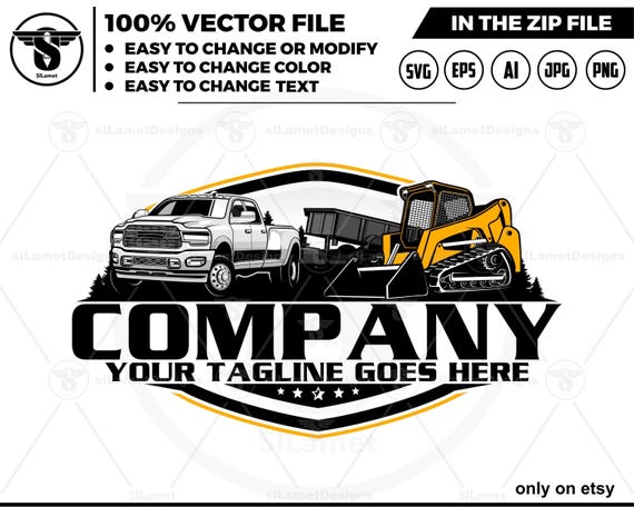 pickup ram truck and dump trailer and Skid steer loader logo, skid steer tracker logo, skid steer svg, dodge ram 3500 DUALLY