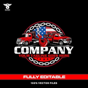 Puede incluir: Logotipo rojo y blanco con dos camiones de remolque, una cadena y un gancho de remolque. El fondo incluye la bandera estadounidense. La palabra "COMPANY" se muestra en letras blancas en negrita, con el lema "YOUR TAGLINE GOES HERE" debajo.