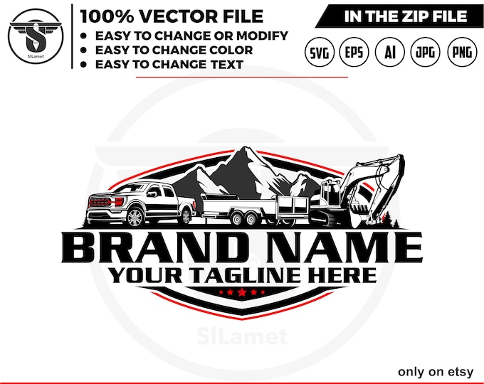 pickup, dump trailer and excavator logo, dump trailer rental logo, truck pickup logo svg, Dumpster Logo , dump rental logo, Ford f-150 truck