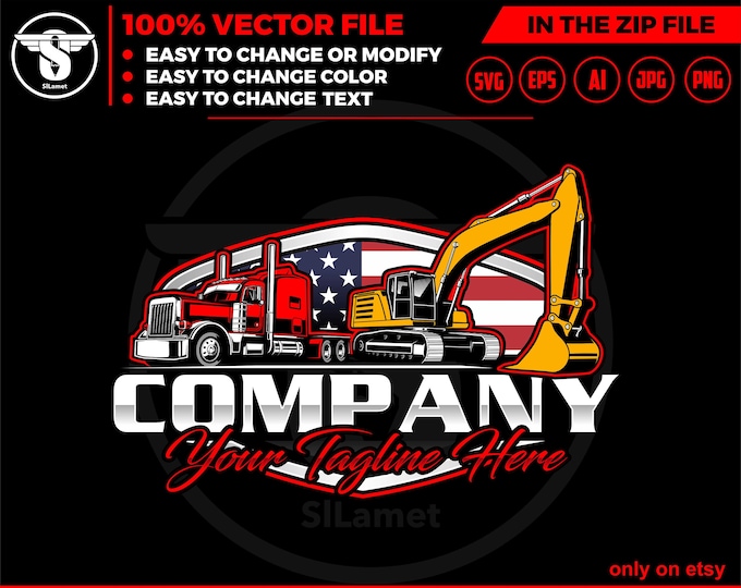 america Semi Truck and excavator logo, Truck and excavator logo - Trucker Big Rigg 18 Wheeler and excavator logo