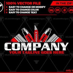 May include: A black and red vector file logo design with the text "COMPANY" in white and silver. The design includes a knife, a utility knife, and a vape pen. The text "YOUR TAGLINE GOES HERE" is below the company name. The image also includes the text "100% VECTOR FILE".