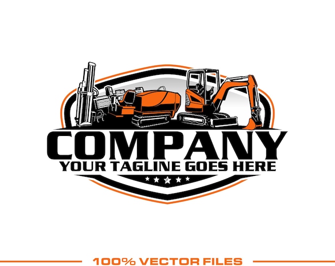 Mini Excavator & Drilling Rig Logo: Fully Editable, Construction Vector Design