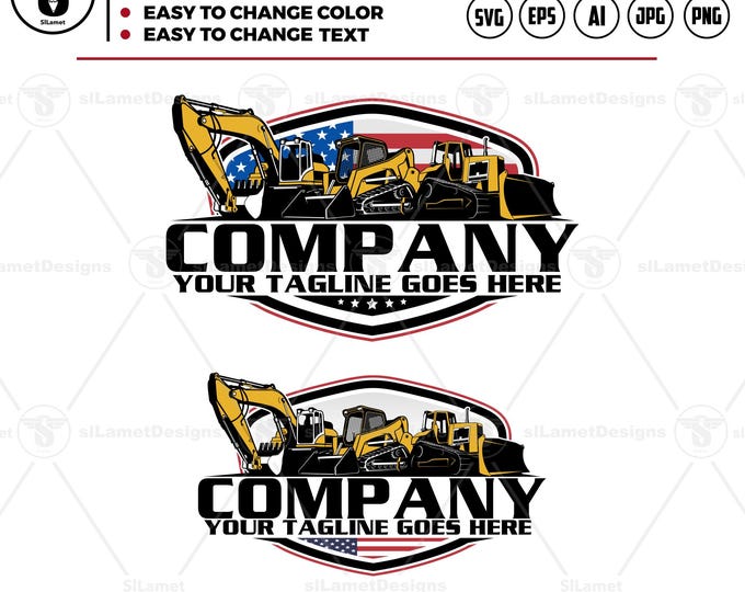 america Heavy Equipment Logo: USA construction Rental, Bulldozer, Excavator, Skid Steer vector SVG