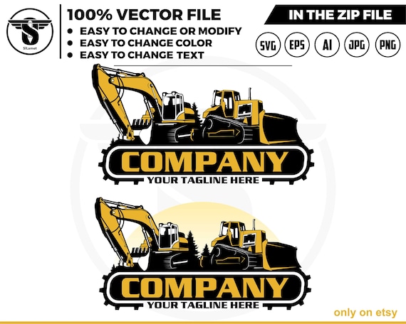 Bulldozer and excavator logo - Heavy Equipment logo - Construction Logo