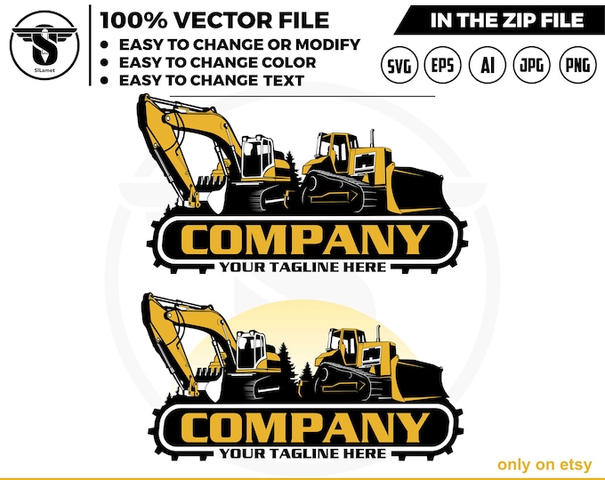 Bulldozer and excavator logo - Heavy Equipment logo - Construction Logo