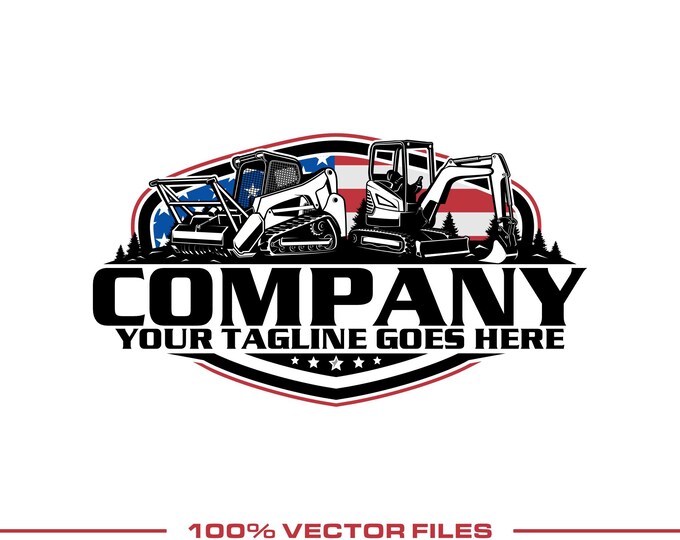 USA Compact Equipment Logo: Fully Editable, Skid Steer Mulcher Mini Excavator Vector Design