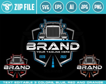 May include: A silver and black logo design featuring a semi-truck with the word "BRAND" in a silver metallic font. The logo has a blue, red, and orange color scheme with the text "YOUR TAGLINE HERE" and "ESTO 2022" below the truck.
