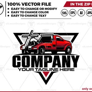Puede incluir: Gráfico de un camión de remolque rojo con la palabra "COMPANY" en letras negras en negrita. La imagen incluye el texto "100% VECTOR FILE" e iconos de tipo de archivo. También se incluye el lema "YOUR TAGLINE HERE".