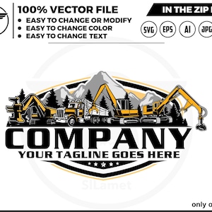 May include: A logo design featuring a yellow and black company logo with the text "COMPANY" and "YOUR TAGLINE GOES HERE". The logo features a mountain landscape with a yellow truck and two yellow excavators.