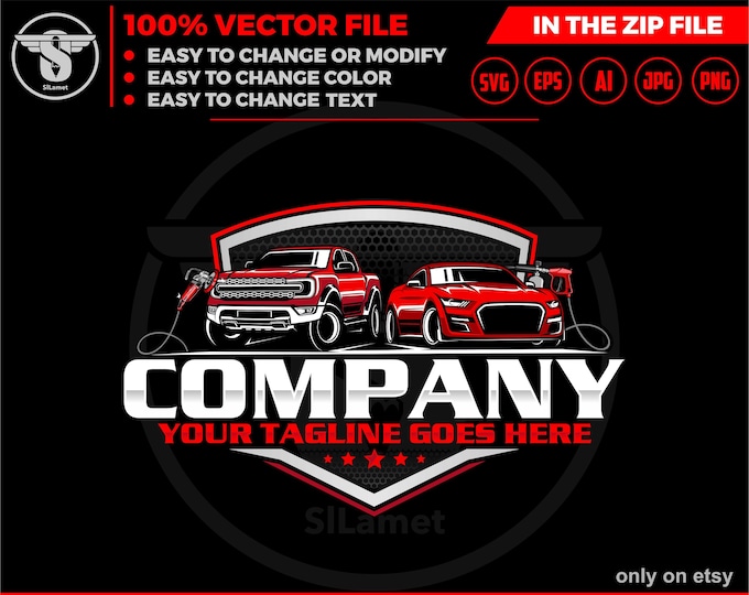 pickup truck and sport car wash - Car wash pickup truck logo template - car wash logo - cleaning car logo - automotive - detailing logo