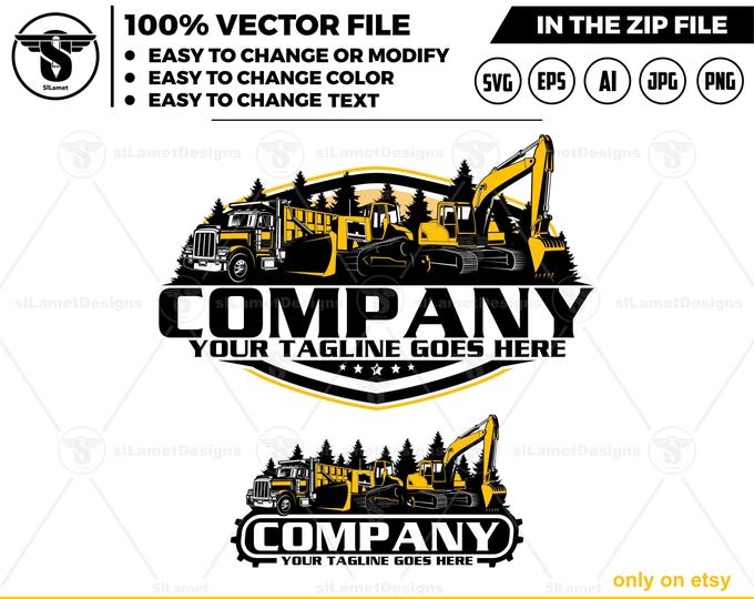 dump truck, Bulldozer and excavator logo - Heavy Equipment logo - Construction Logo