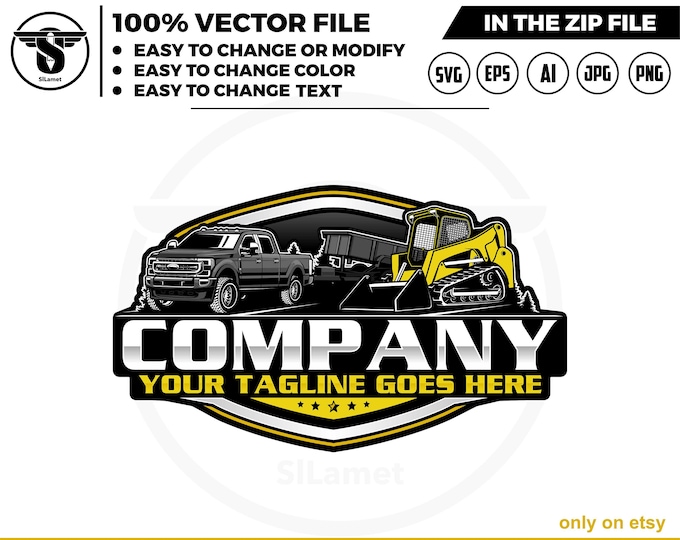 pickup truck dump trailer and Skid steer loader logo, skid steer tracker logo, skid steer svg, Heavy Equipment logo Svg, dump trailer