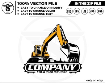 May include: A black and yellow excavator logo with the text "COMPANY" and "YOUR TAGLINE HERE" in a white circle. The excavator is digging into the ground with a large scoop.