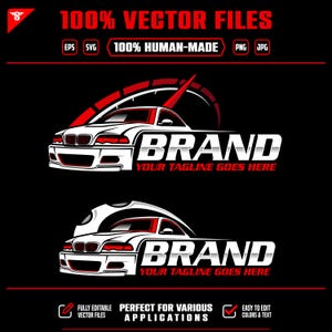 Puede incluir: Una plantilla de diseño gráfico con una ilustración de coche blanco con detalles en rojo, un arco de velocímetro y el texto BRAND YOUR TAGLINE GOES HERE. La imagen incluye etiquetas para 100% VECTOR FILES, EPS, SVG, PNG, JPG y 100% HUMAN-MADE.