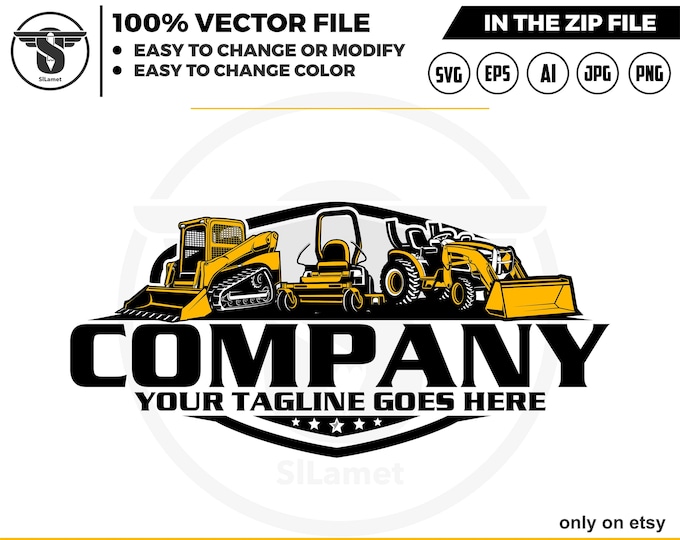 equipment vehicles logo - Skid steer loader, zero turn mowers, lawn mower, tractor backhoe logo - heavy equipment svg