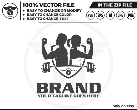 gym logo - Fitness Gym logo - muscular man and woman logo - weightlifting barbell