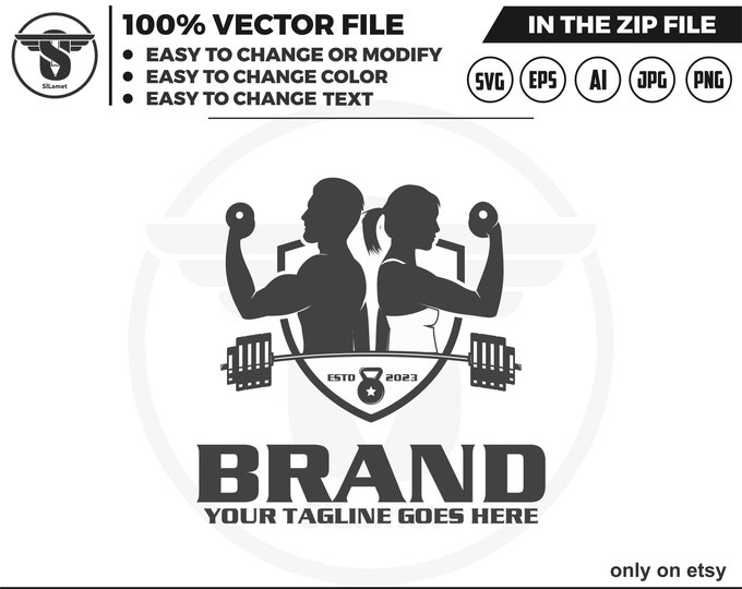 gym logo - Fitness Gym logo - muscular man and woman logo - weightlifting barbell