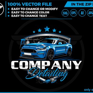 Puede incluir: Un coche azul con una pistola de pulverización y estrellas encima. El texto "COMPANY Detailing" está debajo del coche en fuente plateada.
