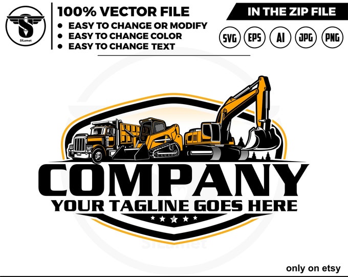 dump truck, skid steer and excavator logo - equipment vehicles logo - heavy equipment svg