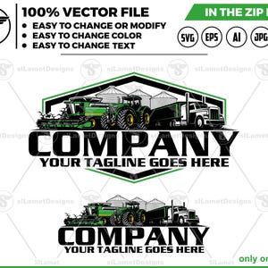 May include: A vector file design featuring a green combine harvester, tractor, and semi-truck. The design includes the text "COMPANY" and "YOUR TAGLINE GOES HERE". The file is easy to change or modify, change color, and change text.