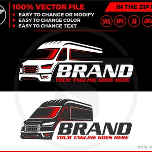 May include: A black and white logo design featuring a van with the word "BRAND" in red and white text. The tagline "YOUR TAGLINE GOES HERE" is also included in red and white text.