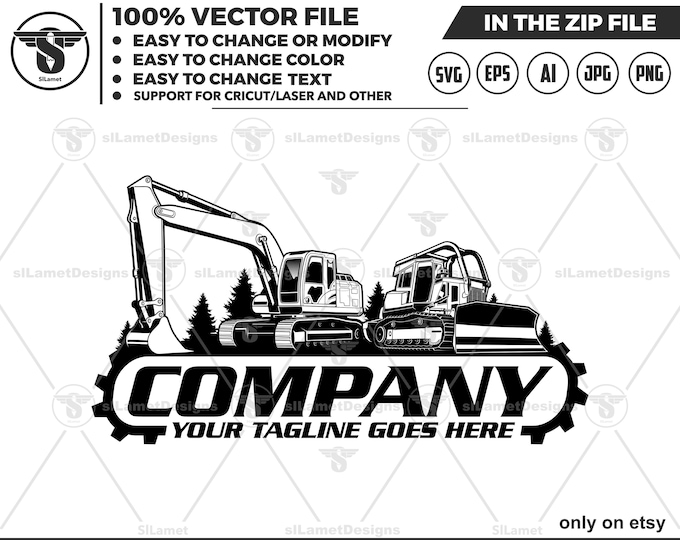 Heavy Equipment Logo: Bulldozer & Excavator logo - john deere - support for cricut, laser