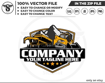dump trailer and Skid steer loader logo, skid steer tracker logo, skid steer svg, Bulldozer logo SVG, Heavy Equipment logo Svg, dump trailer
