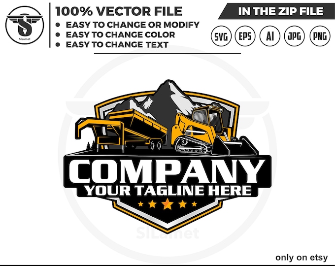 dump trailer and Skid steer loader logo, skid steer tracker logo, skid steer svg, Bulldozer logo SVG, Heavy Equipment logo Svg, dump trailer
