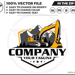Excavator & Mountains Logo: Heavy Equipment SVG, PNG, JPG (Digital Download)