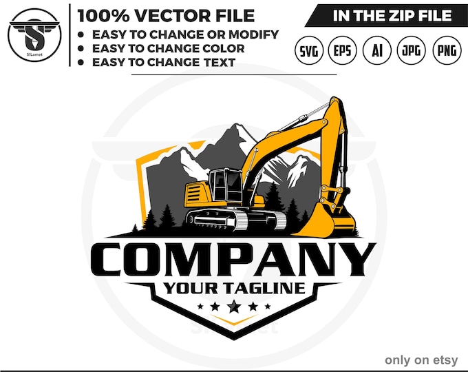 excavator and mountains logo - equipment vehicles logo - heavy equipment svg - excavator logo