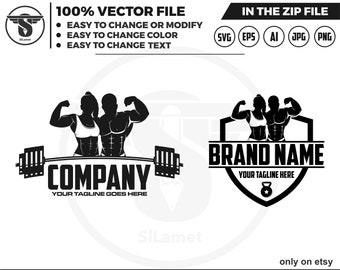 May include: Black and white logo design featuring a pair of muscular figures lifting a barbell with the text "COMPANY" and "YOUR TAGLINE GOES HERE". A second logo design features the same figures in a shield with the text "BRAND NAME" and "YOUR TAGLINE HERE".