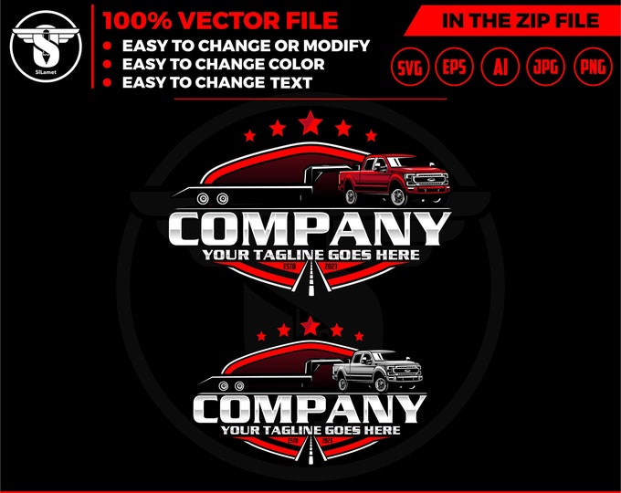 pickup and trailer logo - trailer towing logo - towing Company Logo - pickup and flatbed trailer