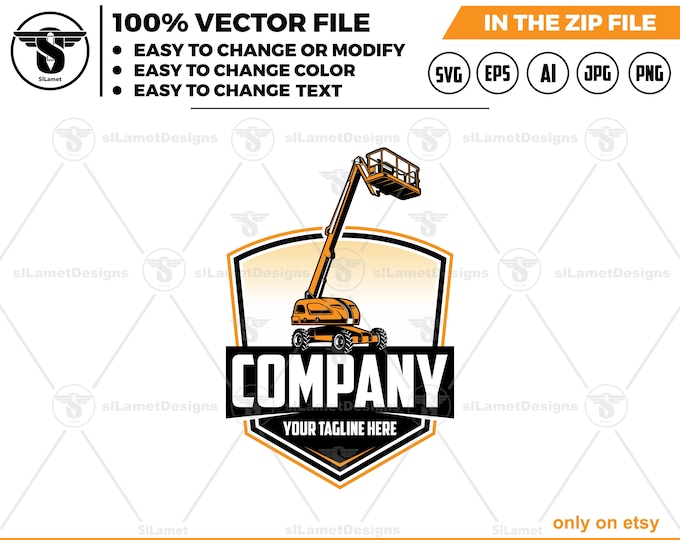 Cherry Picker Logo - Aerial Work Platform logo - Lift Truck Logo - Construction Equipment Art - Mobile Boom Lift Design