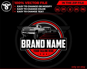 May include: A red and grey logo featuring a pickup truck towing a trailer. The logo includes the text "BRAND NAME" and "YOUR TAGLINE HERE" in white. The logo is set against a black background.