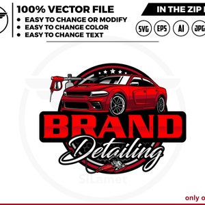 May include: A red car detailing logo with a red car, a spray gun, and the text "BRAND Detailing" in a circle with stars.