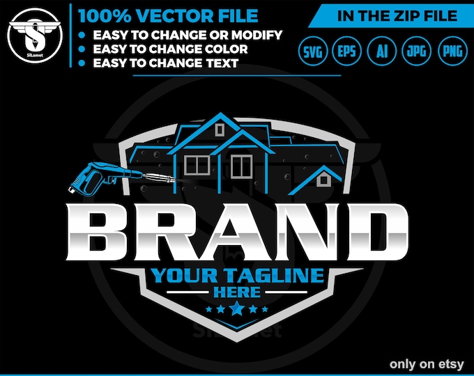 Pressure Wash logo - Wash House logo - house washing logo - wash logo - clean logo - line house log