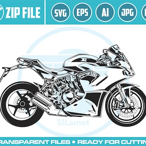 May include: Black and white illustration of a motorcycle with a sleek, modern design. The motorcycle has a large front fairing, a single seat, and a high-mounted exhaust.