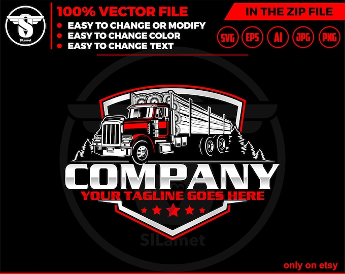logging truck logo - truck hauling wood logo