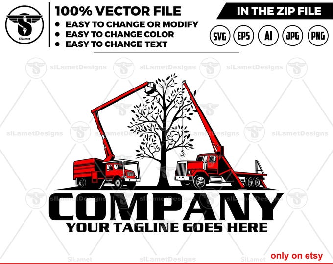 tree sevice logo - crane truck and Forestry Bucket logo - tree cuting logo - crane boom truck logo - Tree trimmer truck logo