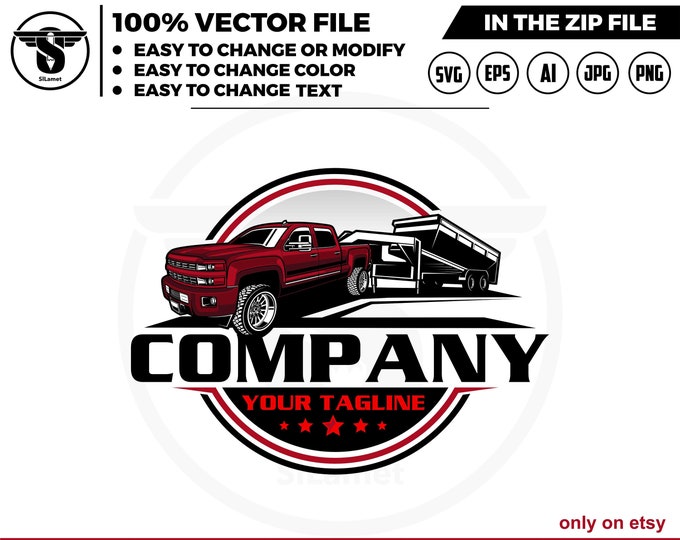 pickup and dump trailer logo - pickup and gooseneck dump trailer - trailer towing logo - towing Company Logo - chevy pickup and dump trailer