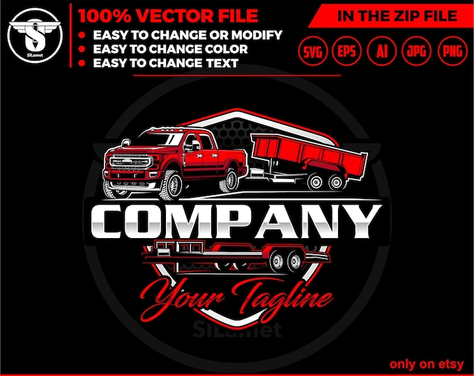pickup and dump trailer, flatbed trailer logo - pickup and Bumper Pull Dump Trailer - dump towing logo - dump rental Logo -ford pickup truck